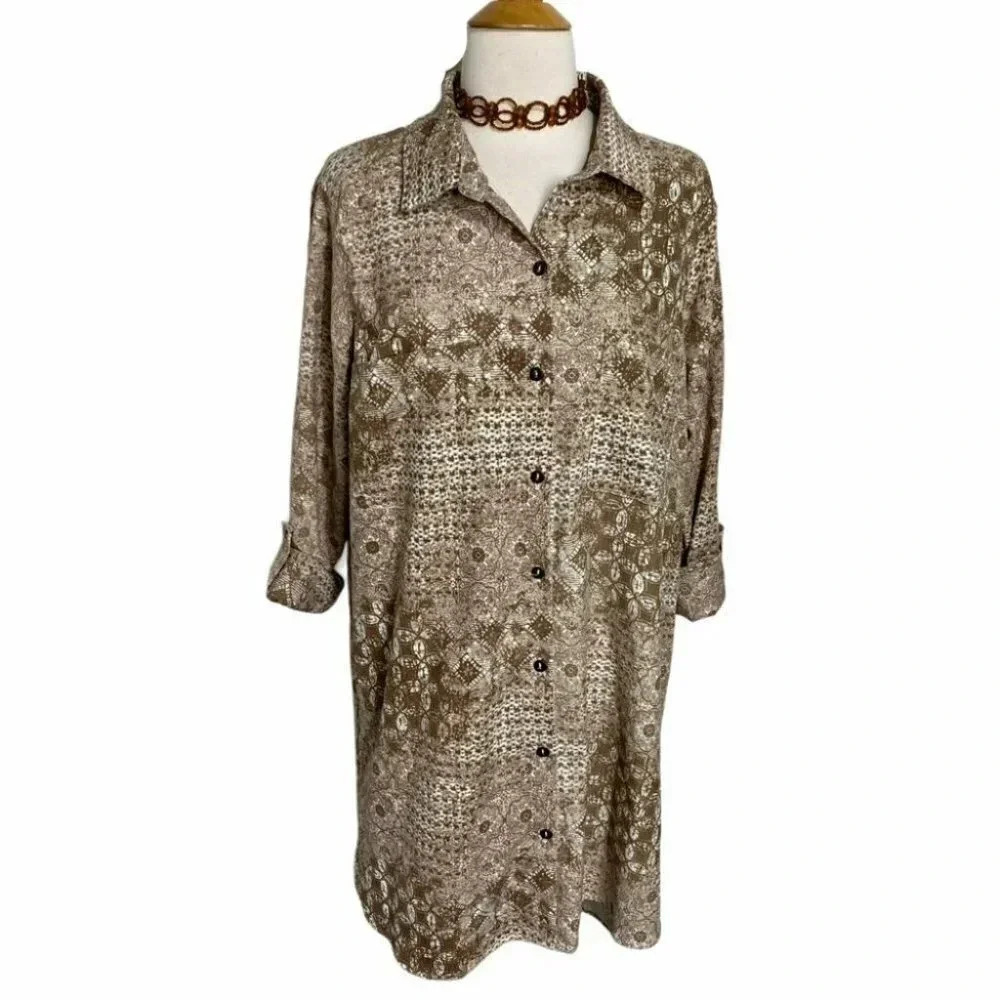 Multiples Shirt Dress Medium Brown Patchwork Medallion Roll Tab Sleeve High Low